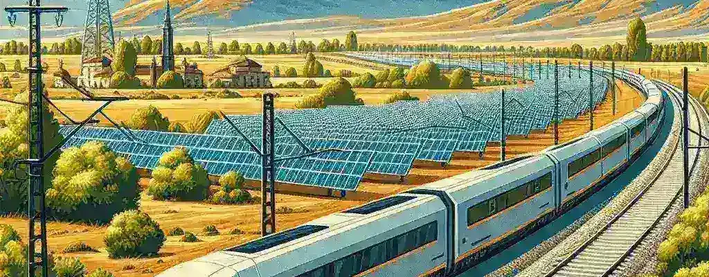 Alt text: "Instalación de paneles solares en una red ferroviaria en España, parte del nuevo proyecto nacional para integrar energía solar en el transporte ferroviario."
