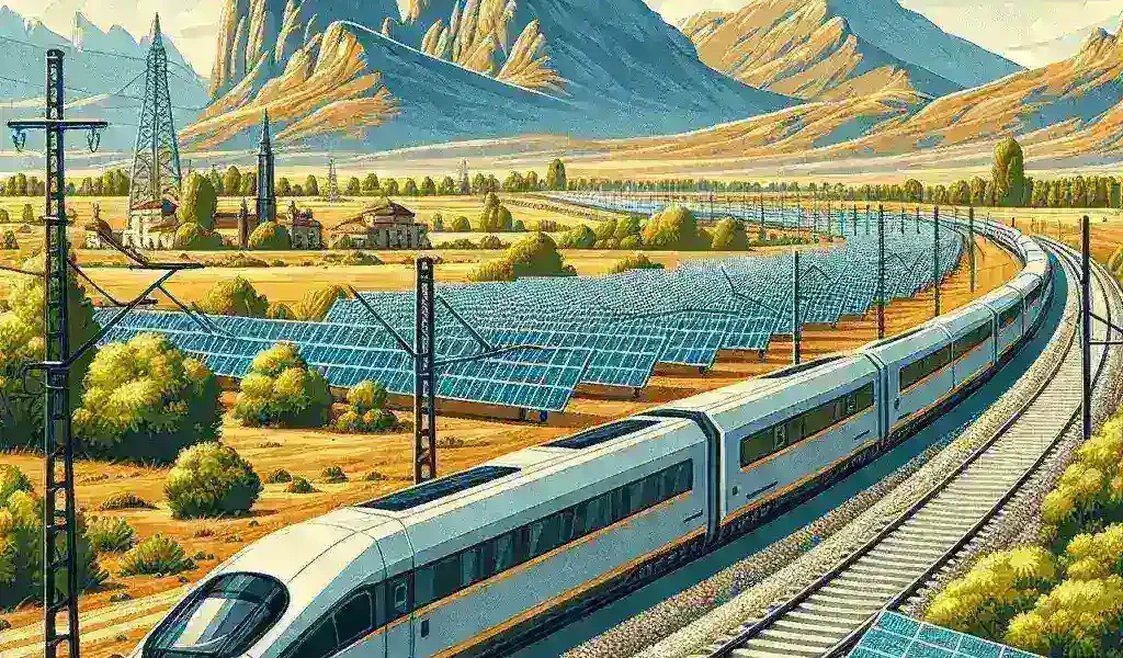 Alt text: "Instalación de paneles solares en una red ferroviaria en España, parte del nuevo proyecto nacional para integrar energía solar en el transporte ferroviario."