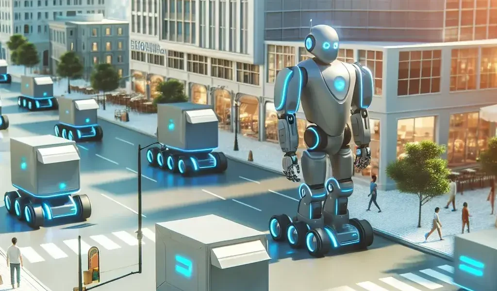 "Robot autónomo de entrega de Glovo navegando por una zona urbana, demostrando innovación en servicios de mensajería y tecnología de logística en la entrega de productos."