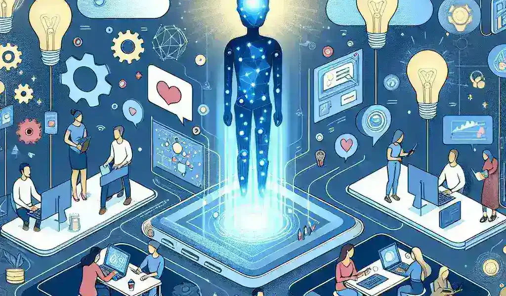 Alt text: "Equipo de profesionales colaborando de forma remota en una plataforma con inteligencia artificial, mejorando la productividad y la comunicación en el trabajo."