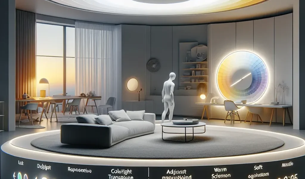 "Imagen de un moderno sistema de iluminación bioadaptativa que ajusta la temperatura de color en interiores, mostrando cambios en la luz a diferentes horas del día para mejorar el bienestar y la productividad."