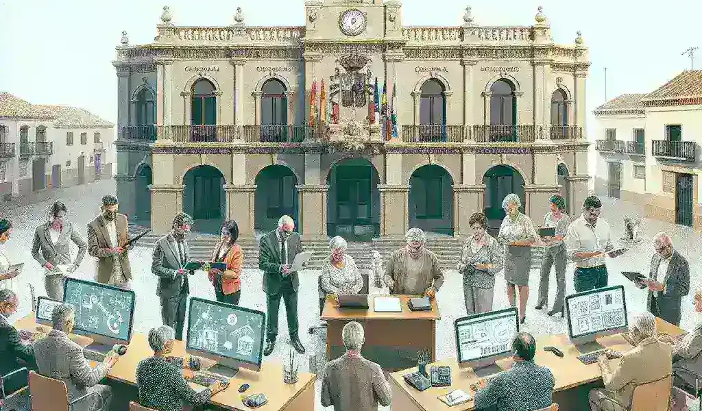 "Imagen de una reunión del Gobierno español discutiendo el programa de ayudas para la digitalización de pequeños ayuntamientos, con funcionarios revisando documentos y presentaciones en una sala de conferencias."