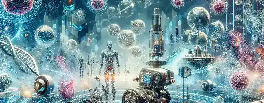 "Nanotecnología en la Medicina: Gráfico que ilustra el impacto de la nanotecnología en tratamientos personalizados, mostrando nanopartículas dirigidas a células específicas para combatir enfermedades."